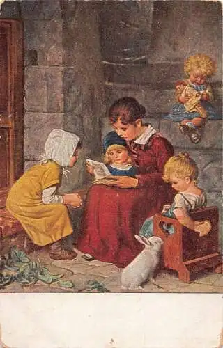 A219 Kinder lesen gemeinsam Buch Hase Brot Kunst signiert H Kaulbach Postkarte