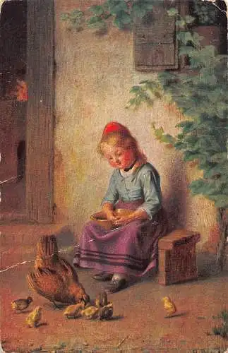 A219 Kunst Mädchen füttert Hühnerküken Hausfront Vintage Postkarte