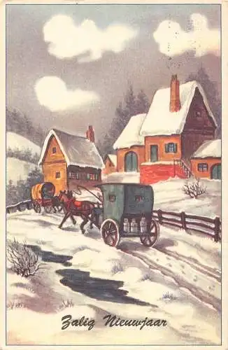 A219 Neujahrsgrüße 1951 Milchdosen Pferdekutsche Transport Schnee Postkarte
