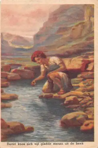 A219 Kunst 1951 Junge David spielt Fluss Steine Berg Vintage Postkarte