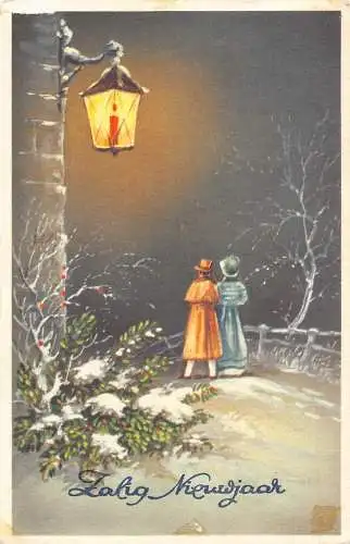 A219 Neujahrsgrüße 1961 Paar Kerzenlampe Nacht Schnee Vintage Postkarte