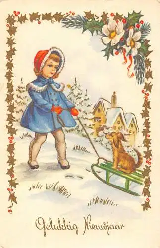 A219 Neujahrsgrüße 1954 Heiliger Baum Mädchen zieht Schlitten Hund Vintage Postkarte