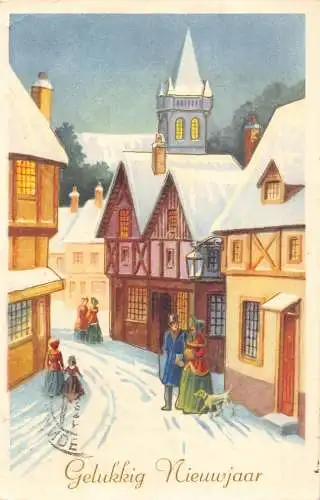 A219 Neujahrsgrüße 1957 Familien zu Fuß Schnee Straßen Häuser Vintage Postkarte