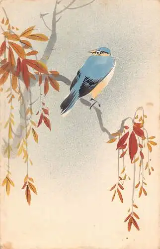 A833 Japan handbemalter blauer Vogel sitzt auf Ast Vintage Postkarte