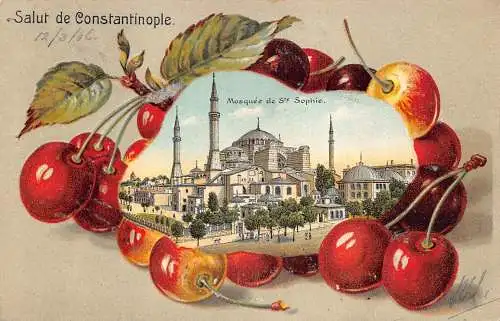 A832 Türkei Salut de Constantinople Istanbul Moschee Kirsche Passepartout Postkarte