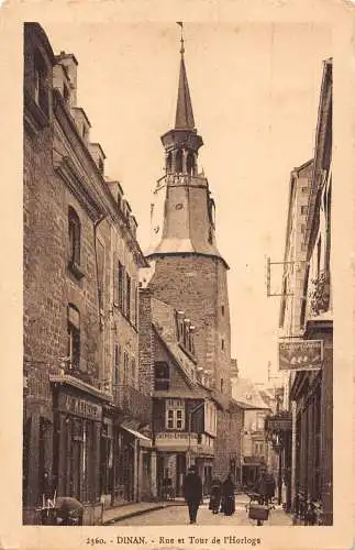 A837 Frankreich Dinan Rue et Tour de l'Horloge Straßengeschäfte Vintage Postkarte