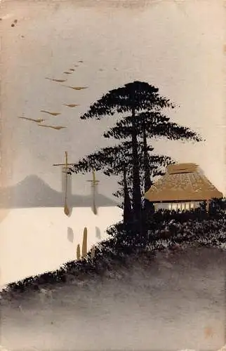 A834 Japan handbemalte Silhouette Baumhütte Vögel Landschaft Vintage Postkarte