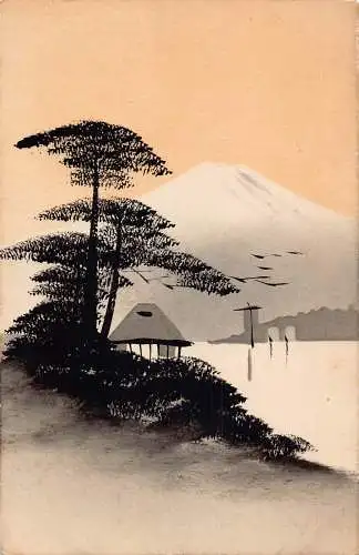A833 Japan handbemalte Silhouette Bäume Hütte Boote Berg Fuji Vintage Postkarte