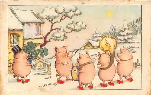 A834 Neujahrsgrüße Humanisierte Schweine Fanfare Trompete Trommel Kleeblatt Postkarte