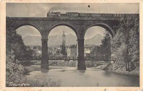 A223 Deutschland 1914 Traunstein Dampfbahn Brücke Vintage Postkarte