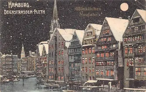 A842 Deutschland 1906 Neujahr Schnee Mondschein Hamburg Deichstrassen Fleth Postkarte