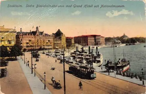 A225 Schweden 1921 Stockholm Grand Hotel Nationalmuseum Steambots Straßenbahn Postkarte