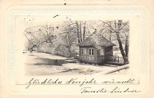 A225 Passepartout 1899 Schwedenhaus im Winter Neujahrsgrüße Vintage Postkarte