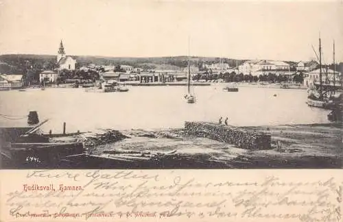 A225 Schweden 1906 Hudiksvall Hamnen Hafen Boote Vintage Postkarte