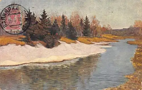 A036 Ukraine Vapniarka 1912 D Marder signiert Gemälde Frühling Fluss Bäume Postkarte