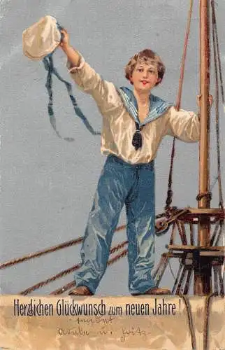 L400 Neujahrsgrüße 1904 Marine Junge winkt Glück Postkarte