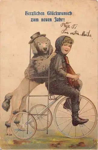 L400 Neujahrsgrüße 1907 Schornsteinfeger Hund fährt Fahrrad Postkarte