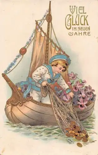 L400 Neujahrsgrüße 1913 Marine Junge Boot Angeln Goldmünzen Glück Postkarte