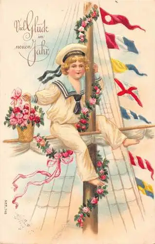 L400 Neujahrsgrüße 1908 Matrosenjunge Boot Blumen Rosen Fahnen Glück Postkarte