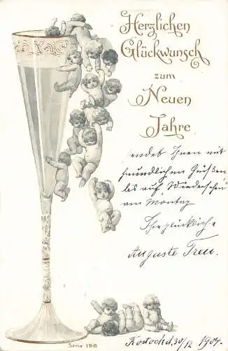 L400 Neujahrsgrüße 1904 mehrere Babys klettern Sektglas Postkarte
