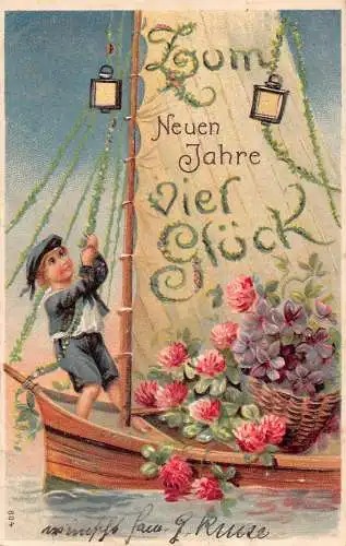L400 Neujahrsgrüße 1907 Junge Boot Blumen Rosen Glück geprägt Postkarte