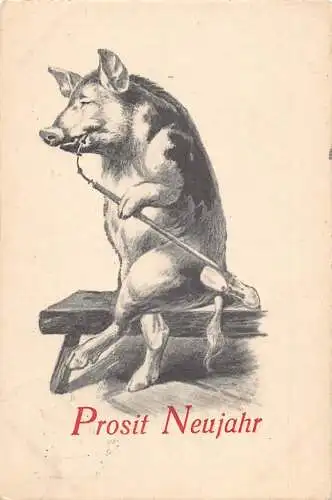 L400 Neujahrsgrüße 1912 Humanisiertes Schwein rauchende Pfeife Postkarte