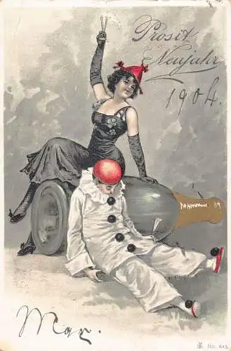 L400 Neujahrsgrüße 1903 Fee Pierrot getrunken Sektflasche Postkarte