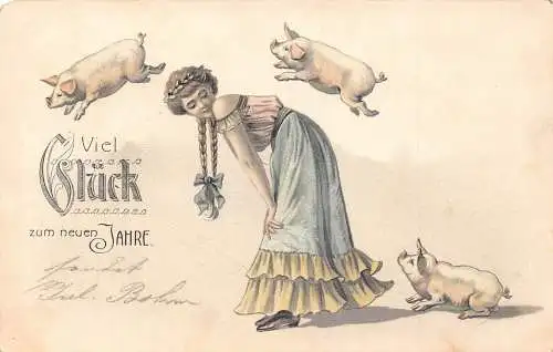 L400 Neujahrsgrüße 1932 Mädchen fliegende Schweine Glück Vintage Postkarte