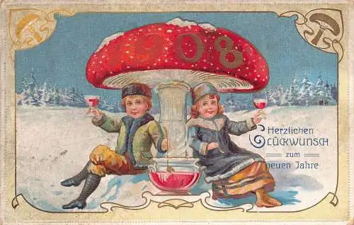 L399 Neujahrsgrüße 1907 Kinder Riesen Pilz Punsch Glück Vintage Postkarte
