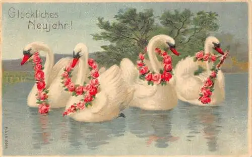 L399 Neujahrsgrüße 1907 Schwäne große Zahlen Blumen Rosen geprägt Postkarte
