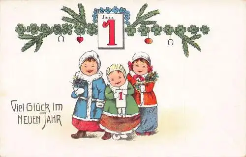 L399 Neujahrsgrüße Kinder Mistel Glück Vintage Postkarte