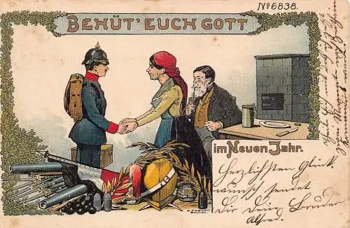 L399 Neujahrsgrüße 1901 Soldat Uniform Militär Litho Vintage Postkarte