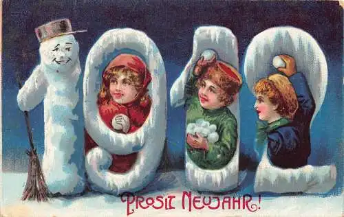 L399 Neujahrsgrüße 1912 große Zahlen Kinder Schneemann Vintage Postkarte