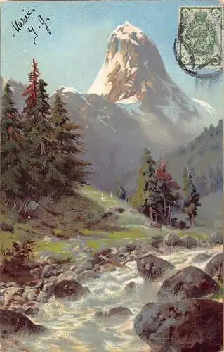 A035 Russland 1902 Unbekannte Landschaft Berg Gipfel Bäume Felsen Litho Postkarte