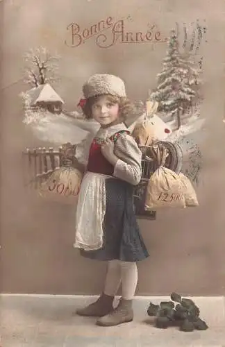 L294 Neujahrsgrüße 1913 Mädchen Kleeblatt Glück Geldbeutel Vintage Postkarte