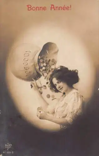 L294 Neujahrsgrüße 1911 Mädchen Kleeblatt Glück Geldbeutel Vintage Postkarte