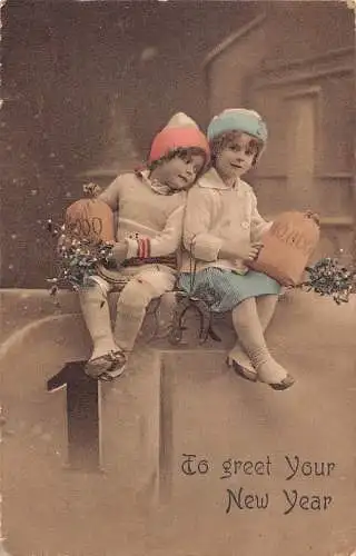 L294 Neujahrsgrüße Kinder Geldtüten Mistelzweig Hufeisen Vintage Postkarte