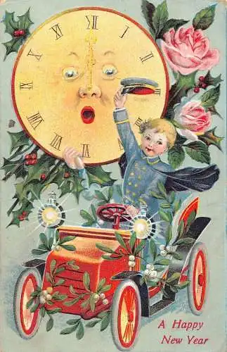 L294 Neujahrsgrüße 1910 Humanisierte Uhr Junge Auto Mistel geprägte Postkarte