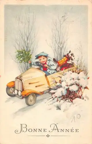 L294 Neujahrsgrüße Junge fährt Cabrio Hund Mistel Vintage Postkarte