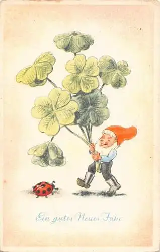 L294 Neujahrsgrüße Zwerg Kleeblatt Marienkäfer Glück Vintage Postkarte