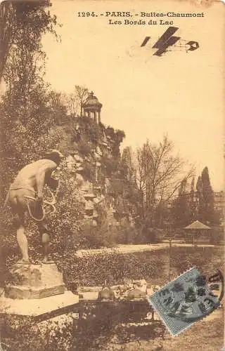 L130 Frankreich 1920er Paris Buttes Chaumont Les Bords du Lac Flugzeug Postkarte