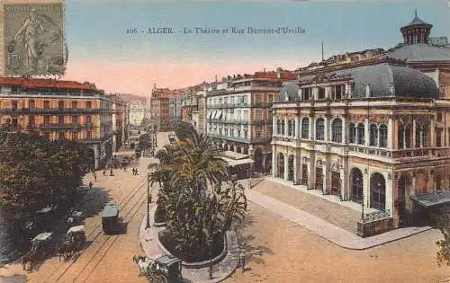 L129 Algerien 1922 Algier Theater und Dumont-d'Urville Wagen Straßenbahn Postkarte