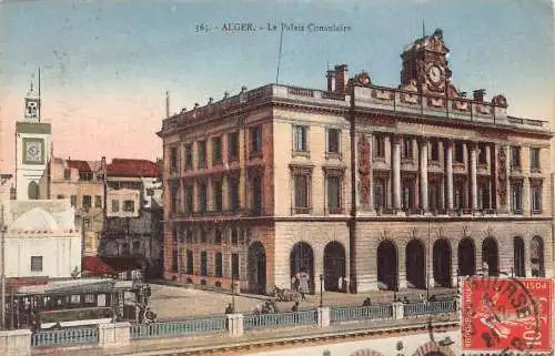 L129 Algerien 1921 Algier Le Palais Consulaire Palace Straßenbahn Vintage Postkarte
