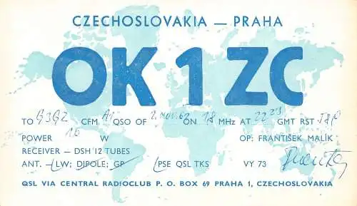 A850 Tschechien Cezchoslovakia Praha Central Radioclub 1962 QSL Card Radio Postkarte