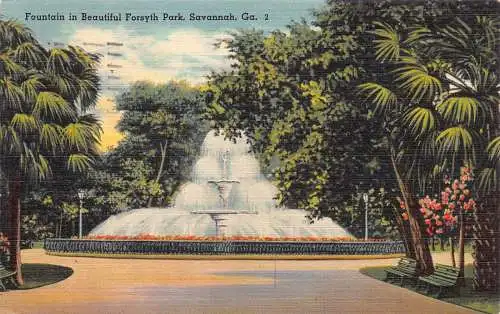 A850 US 1949 Georgia Savannah Fountain In Forsyth Park Vintage Postkarte