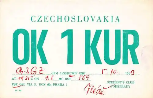 A850 Tschechien Tschechoslowakei Ok 1 Kur Studentenverein Funkkarte QSL 1963 Postkarte