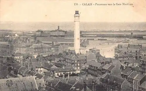A845 Frankreich Calais Panorama vers Gare Maritim Leuchtturm Vintage Postkarte