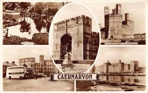 A849 Wales Caernarfon Caernarvon Square Castle Bus Park RPPC Vintage Postkarte