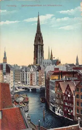 A026 Deutschland Hamburg Deichstraßenflotte Nikolaus Kirche Boote Vintage Postkarte