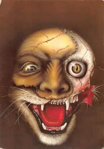 L288 Künstlerkarte Moderne Kunst Gesicht des Tigers Mensch und Schädel wilde Postkarte.